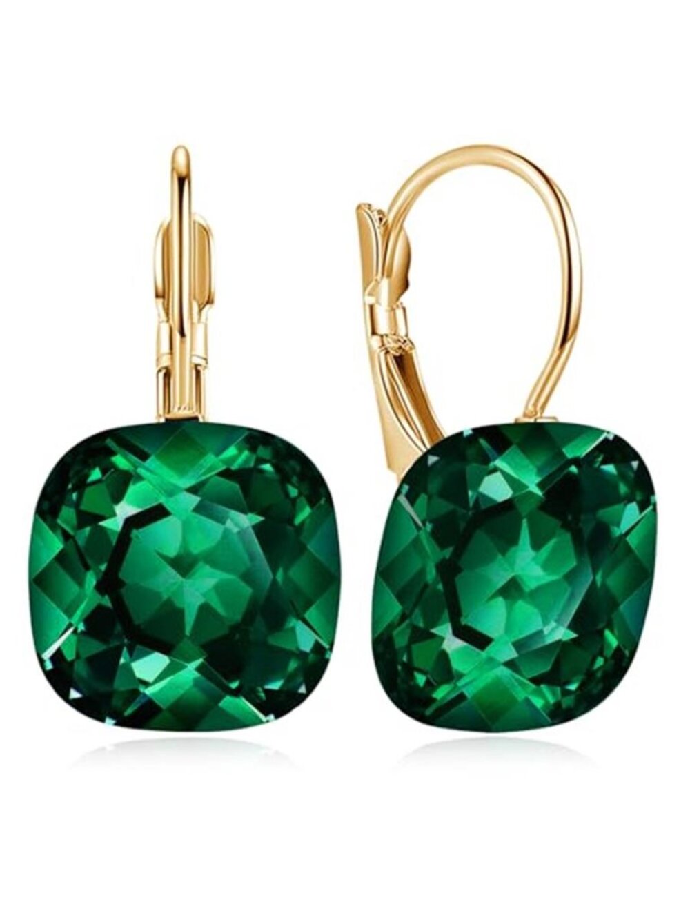 Green Square Crystal Drop Earrings Gold Tone Leverback Geometric Statement